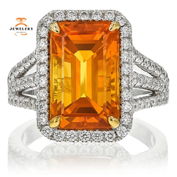 JULEVE 18KT WHITE GOLD 8.41 CT GOLDEN SAPPHIRE & 0.87 CTW DIAMOND HALO RING