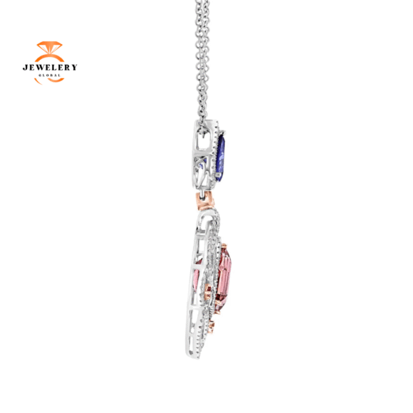 JULEVE PINK TOURMALINE, TANZANITE, SAPPHIRE & DIAMOND HALO NECKLACE - Image 2
