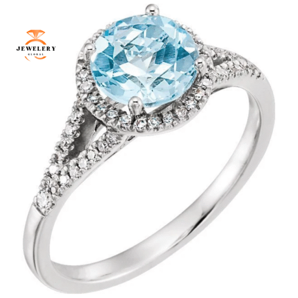 14KT WHITE GOLD 1.65 CT BLUE TOPAZ & 1/6CTW DIAMOND HALO RING