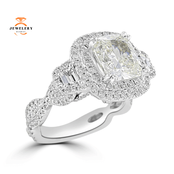 14KT White Gold 4.64 CTW Diamond 3 Stone Double Halo Ring - Image 2