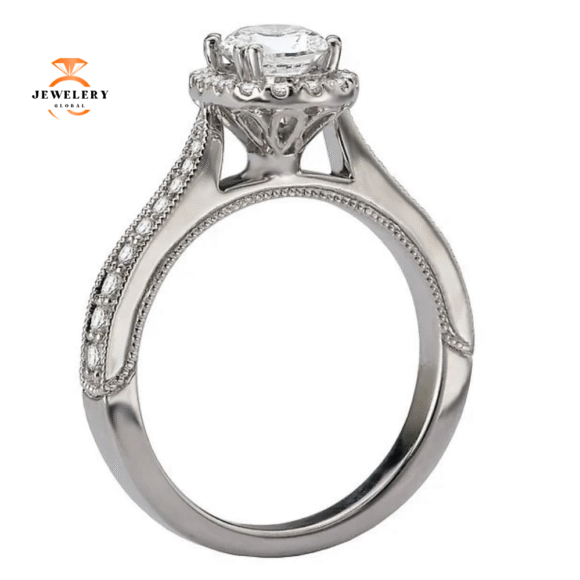 14KT WHITE GOLD 1/3 CTW DIAMOND OVAL HALO SETTING FOR 1 CT OVAL - Image 3