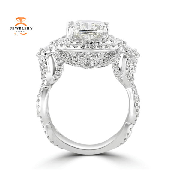 14KT White Gold 4.64 CTW Diamond 3 Stone Double Halo Ring - Image 3
