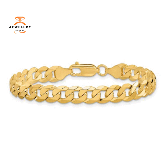 14KT YELLOW GOLD 7.25MM BEVELED CURB CHAIN BRACELET