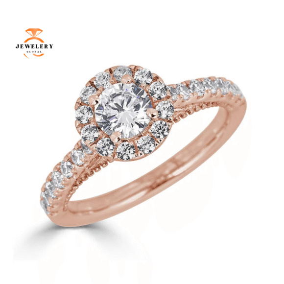 JULEVE 14KT GOLD 1.00 CTW DIAMOND ROUND HALO CATHEDRAL RING
