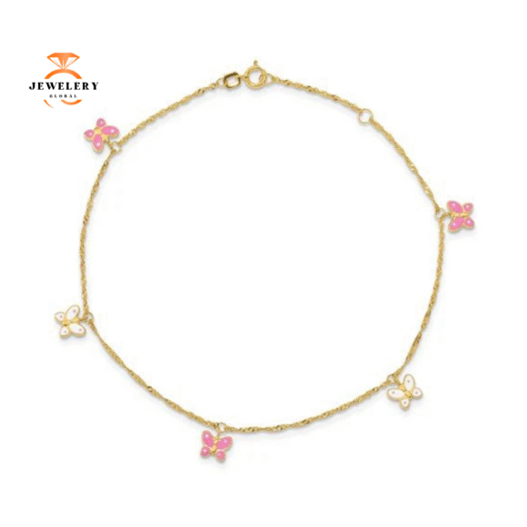 14KT YELLOW GOLD PINK & WHITE ENAMEL BUTTERFLY ANKLET