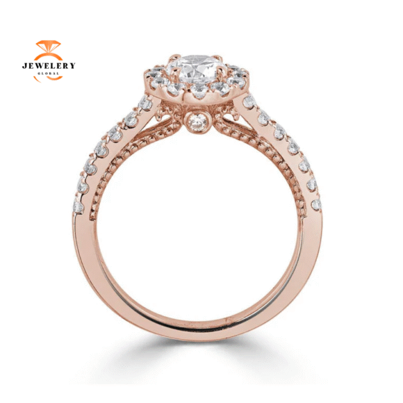JULEVE 14KT GOLD 1.00 CTW DIAMOND ROUND HALO CATHEDRAL RING - Image 2