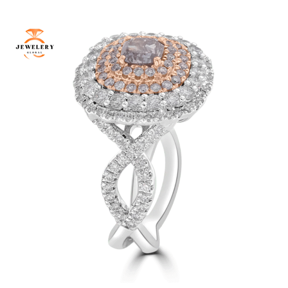 JULEVE PLATINUM & 18KT 2.12 CTW PINK PURPLE DIAMOND QUADRUPLE HALO RING - Image 2