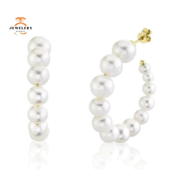 EMILIQUE 14KT YELLOW GOLD GRADUATED CULTURED PEARL HOOP EARRINGS