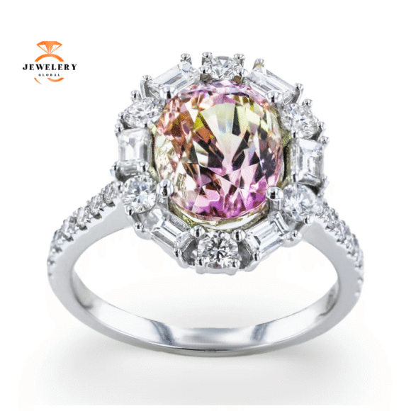 JULEVE 18KT WHITE GOLD 4.11CT PEACH TANZANITE & 0.97CTW DIAMOND RING