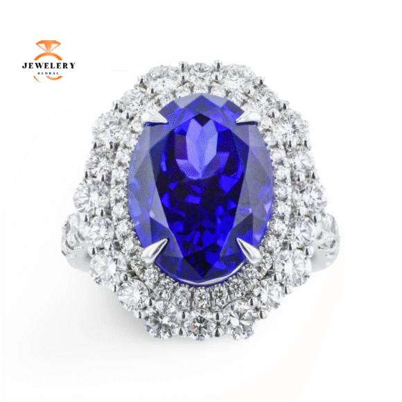 JULEVE 18KT WHITE GOLD 8.79CT TANZANITE & 2.15 CTW DIAMOND HALO RING
