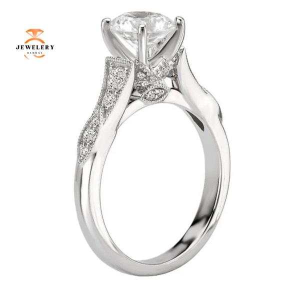 14KT White Gold 1/4 CTW Diamond Vintage Milgrain Setting for 1 CT Round - Image 3