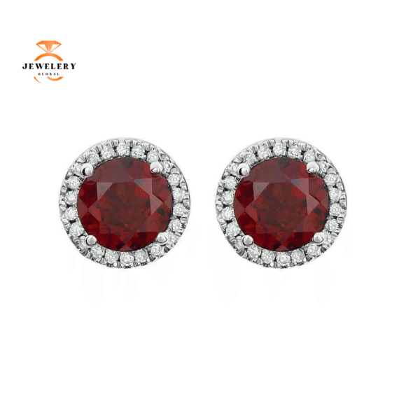 14KT WHITE GOLD 2.00 CTW GARNET & 0.13 CTW DIAMOND HALO EARRINGS - Image 2