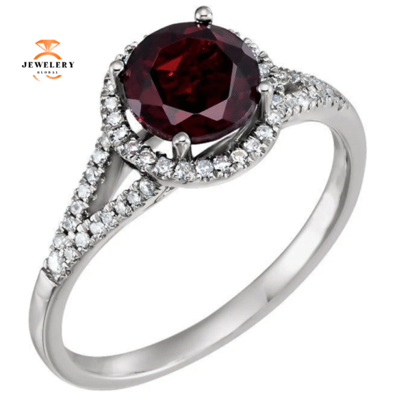 14KT WHITE GOLD 1.65CTW ROUND GARNET & 1/6 CTW DIAMOND RING