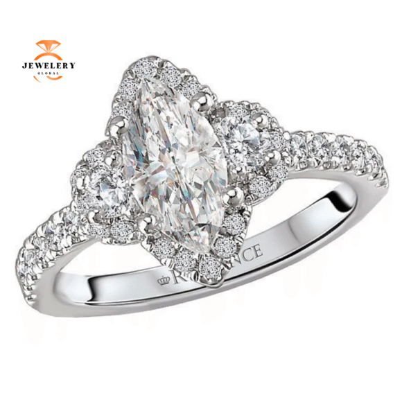 18KT WHITE GOLD 1/2 CTW DIAMOND MARQUISE HALO 3 STONE SETTING FOR 1 CT