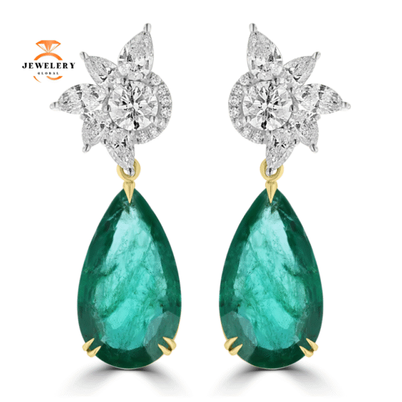 JULEVE 23.63 CTW EMERALD & 5.51 CTW DIAMOND DANGLE EARRINGS