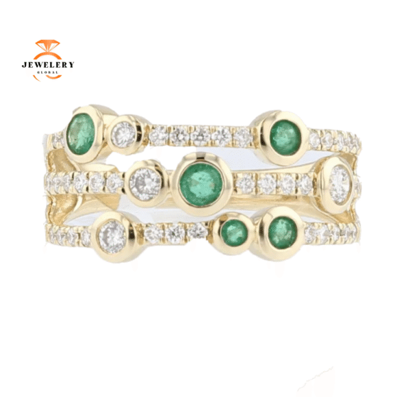 14KT YELLOW GOLD 3/8 CTW EMERALD & 3/8 CTW DIAMOND BEZEL-SET 3 ROW RING