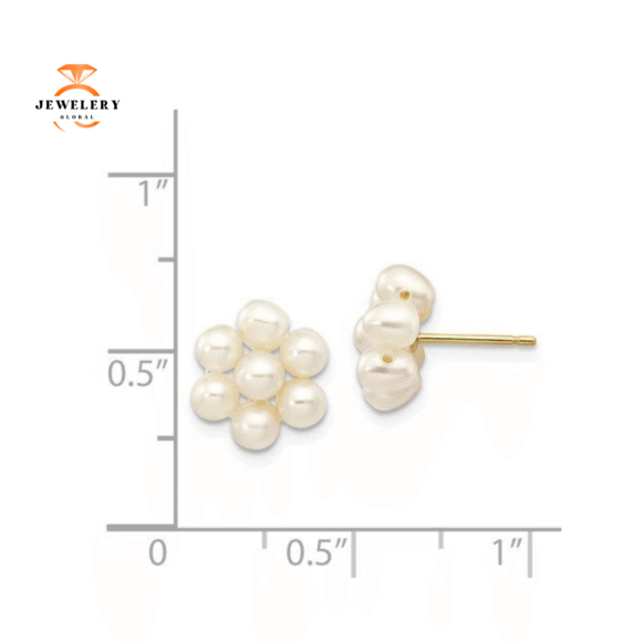 14KT YELLOW GOLD PEARL FLOWER EARRINGS - Image 2
