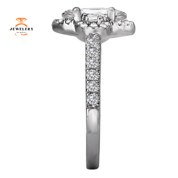 18KT WHITE GOLD 1/2 CTW DIAMOND MARQUISE HALO 3 STONE SETTING FOR 1 CT - Image 2