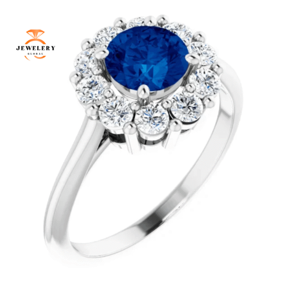 14KT WHITE GOLD 1.15 CT ROUND BLUE SAPPHIRE & DIAMOND HALO RING