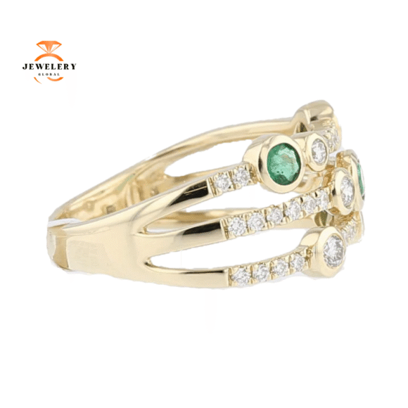 14KT YELLOW GOLD 3/8 CTW EMERALD & 3/8 CTW DIAMOND BEZEL-SET 3 ROW RING - Image 2
