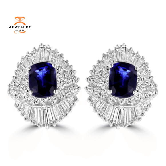 JULEVE 18KT WHITE GOLD 4.20CT SAPPHIRE & 4.23CTW DIAMOND CLUSTER EARRINGS