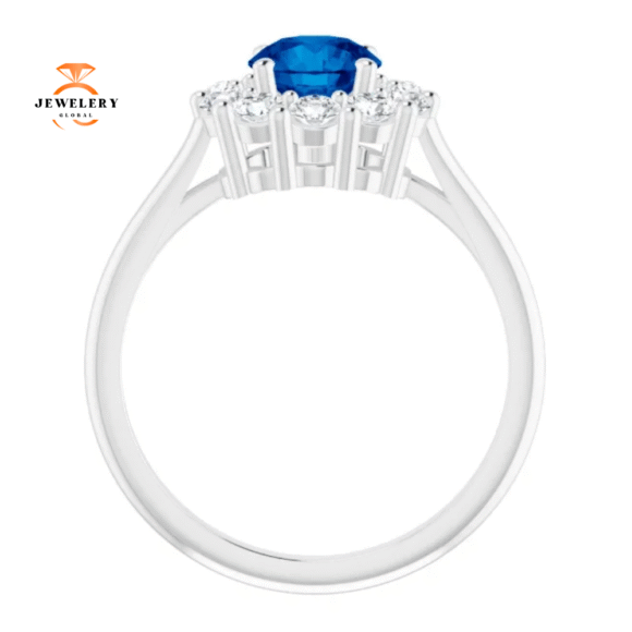 14KT WHITE GOLD 1.15 CT ROUND BLUE SAPPHIRE & DIAMOND HALO RING - Image 2