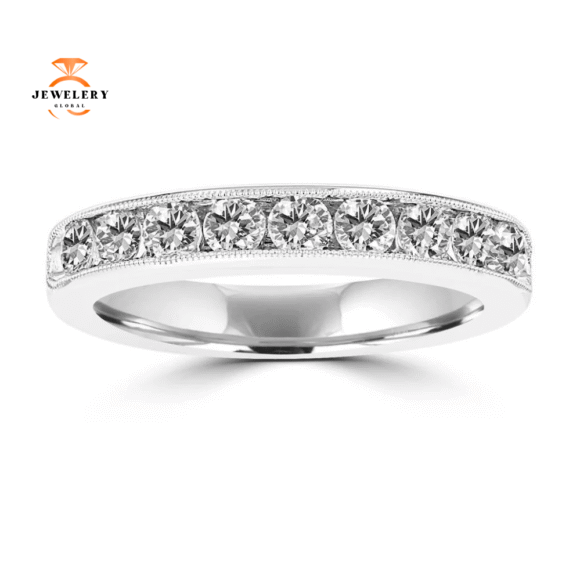 14KT White Gold 3/4 CTW Round Diamond Channel Set Milgrain Band