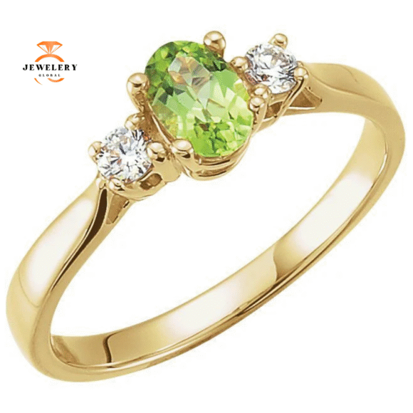 14KT YELLOW GOLD PERIDOT AND DIAMOND 3 STONE RING