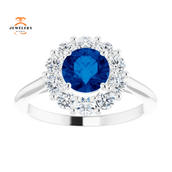 14KT WHITE GOLD 1.15 CT ROUND BLUE SAPPHIRE & DIAMOND HALO RING - Image 3