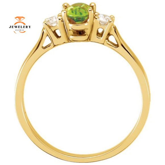 14KT YELLOW GOLD PERIDOT AND DIAMOND 3 STONE RING - Image 2