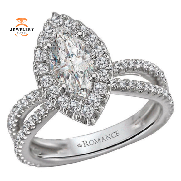 18KT WHITE GOLD 1/2 CTW DIAMOND MARQUISE HALO SPLIT SHANK SETTING FOR 1 CT
