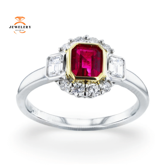 JULEVE PLATINUM & GOLD 0.44CT RED EMERALD & 0.46CTW DIAMOND 3-STONE RING