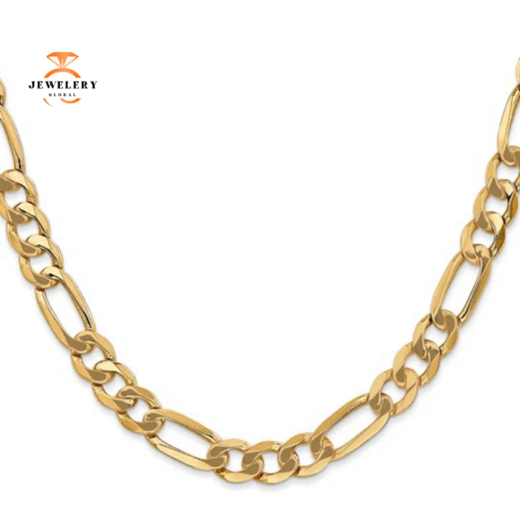 14KT YELLOW GOLD 7MM FLAT SOLID FIGARO CHAIN NECKLACE - 5 LENGTHS