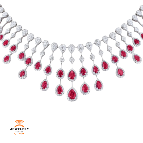 JULEVE 18KT WHITE GOLD 4.24CTW RED EMERALD & 6.44CTW DIAMOND NECKLACE