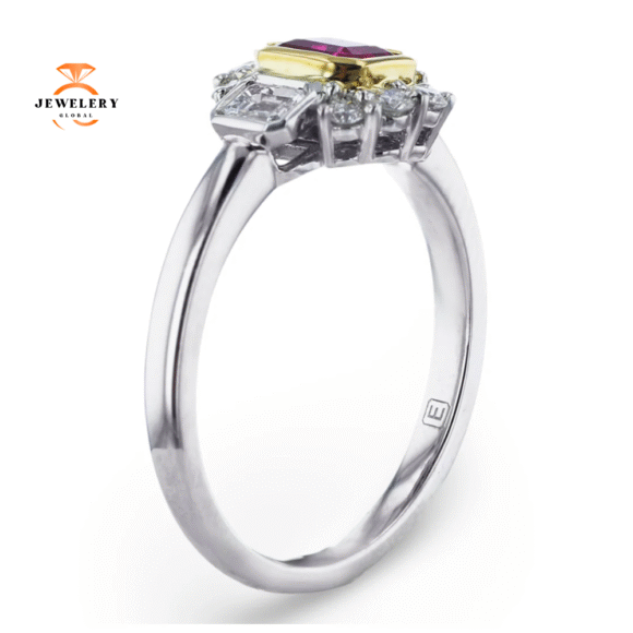 JULEVE PLATINUM & GOLD 0.44CT RED EMERALD & 0.46CTW DIAMOND 3-STONE RING - Image 2