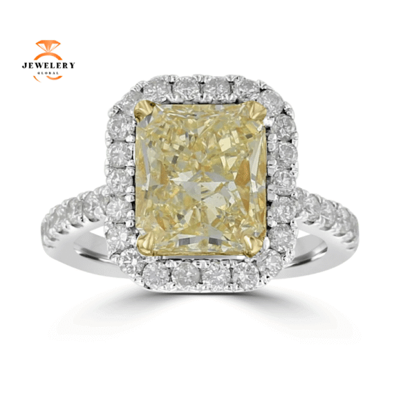 14KT WHITE GOLD 3.78 CTW YELLOW DIAMOND EMERALD STYLE HALO RING