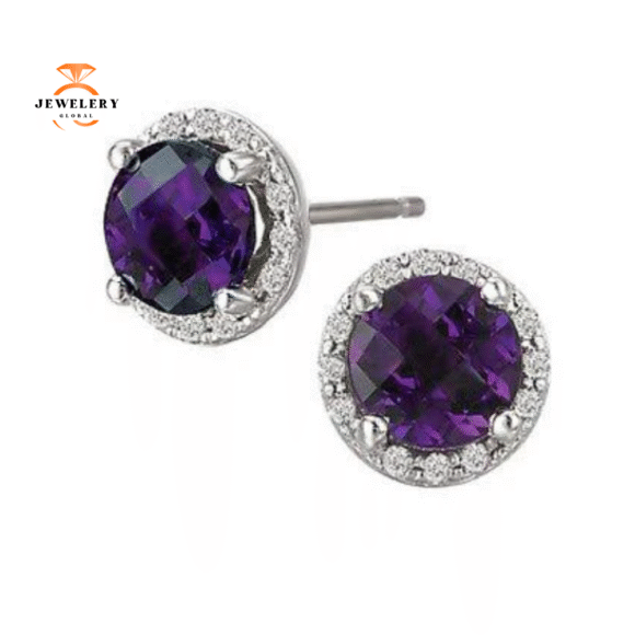 14KT WHITE GOLD AMETHYST & DIAMOND HALO EARRINGS