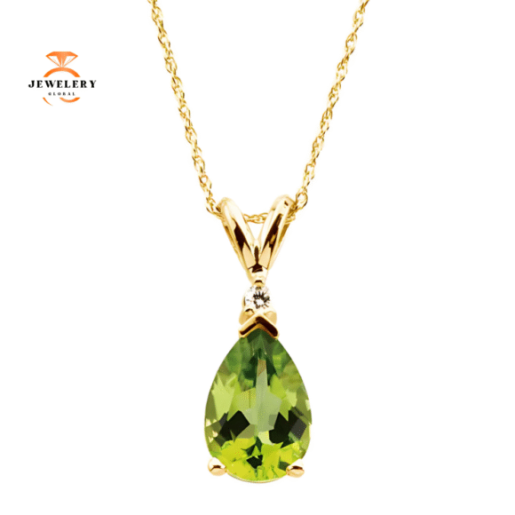 14KT YELLOW GOLD 1.60 CTW PEAR PERIDOT PENDANT & .04 CT DIAMOND 18" NECKLACE