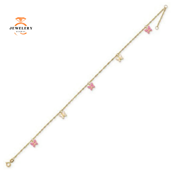 14KT YELLOW GOLD PINK & WHITE ENAMEL BUTTERFLY ANKLET - Image 2