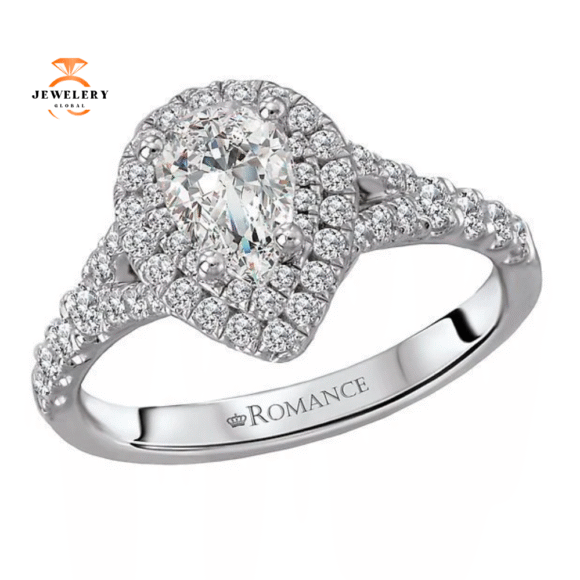 14KT WHITE GOLD 1/2 CTW DIAMOND DOUBLE PEAR HALO SETTING FOR 3/4 CT PEAR
