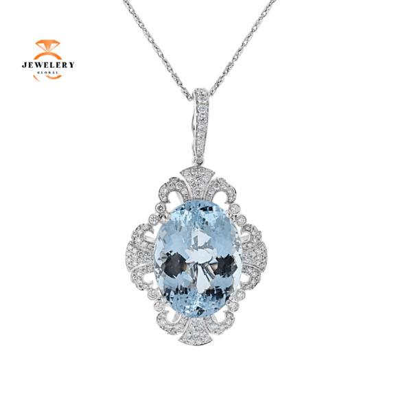 JULEVE 43.21 CT AQUAMARINE & 1.79 CTW DIAMOND FILIGREE PENDANT