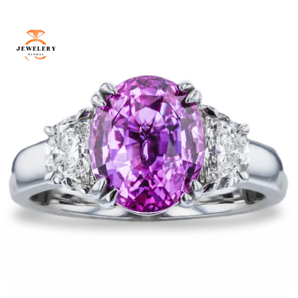 JULEVE 18KT WHITE GOLD 4.62CT PURPLE-PINK SAPPHIRE & 0.65CTW DIAMOND 3 STONE RING