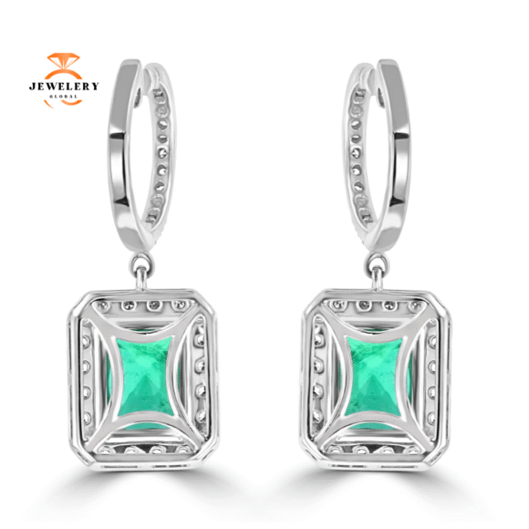 JULEVE 3.00 CTW EMERALD & 1.00 CTW DIAMOND HALO EARRINGS - Image 3