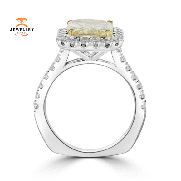 14KT WHITE GOLD 3.78 CTW YELLOW DIAMOND EMERALD STYLE HALO RING - Image 2