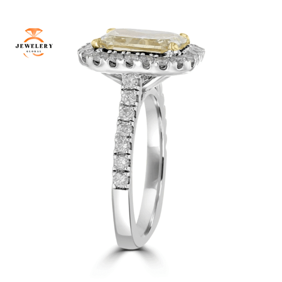 14KT WHITE GOLD 3.78 CTW YELLOW DIAMOND EMERALD STYLE HALO RING - Image 3