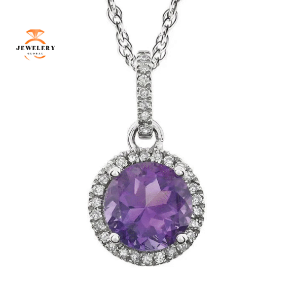 14KT WHITE GOLD 1.30 CT AMETHYST & .10 CTW DIAMOND HALO NECKLACE
