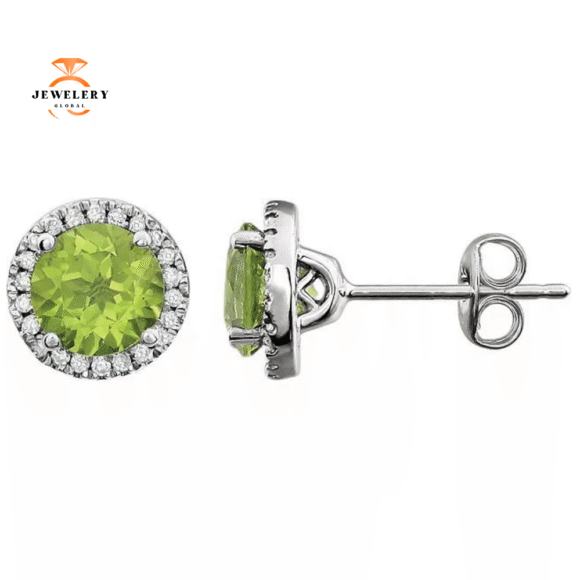 14KT WHITE GOLD 1.70 CTW PERIDOT & 1/8 CTW DIAMOND HALO EARRINGS