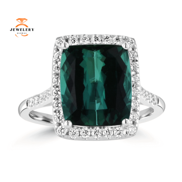 JULEVE 18KT WHITE GOLD 4.74 CT TOURMALINE & 0.36 CTW DIAMOND HALO RING