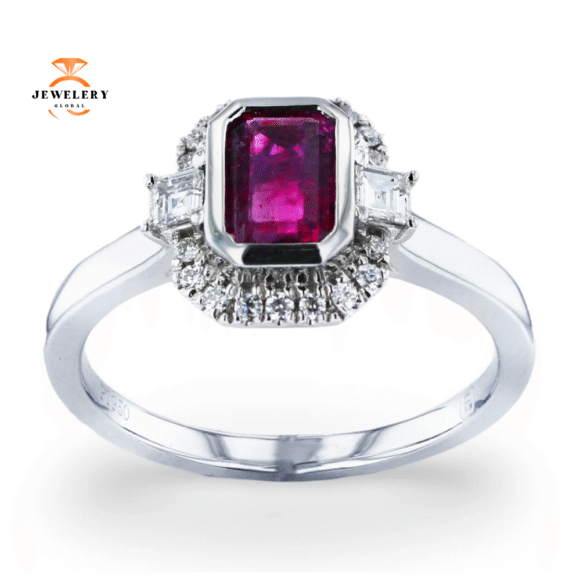 JULEVE PLATINUM 0.44CT RED EMERALD & 0.24CTW DIAMOND RING