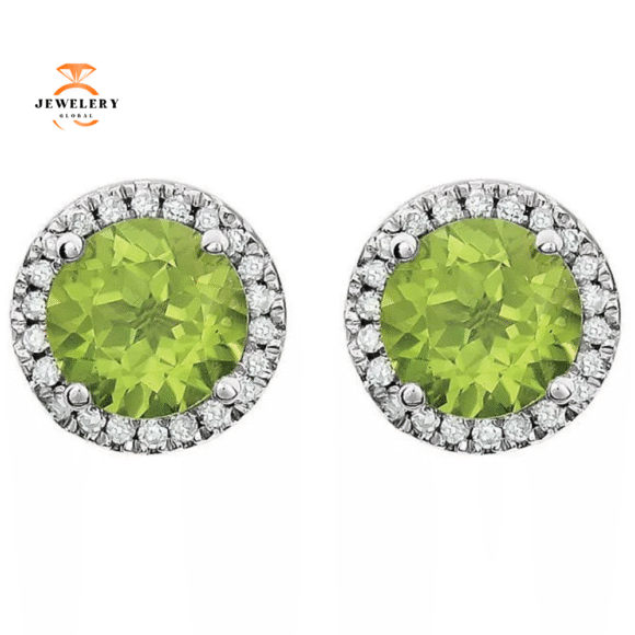 14KT WHITE GOLD 1.70 CTW PERIDOT & 1/8 CTW DIAMOND HALO EARRINGS - Image 2